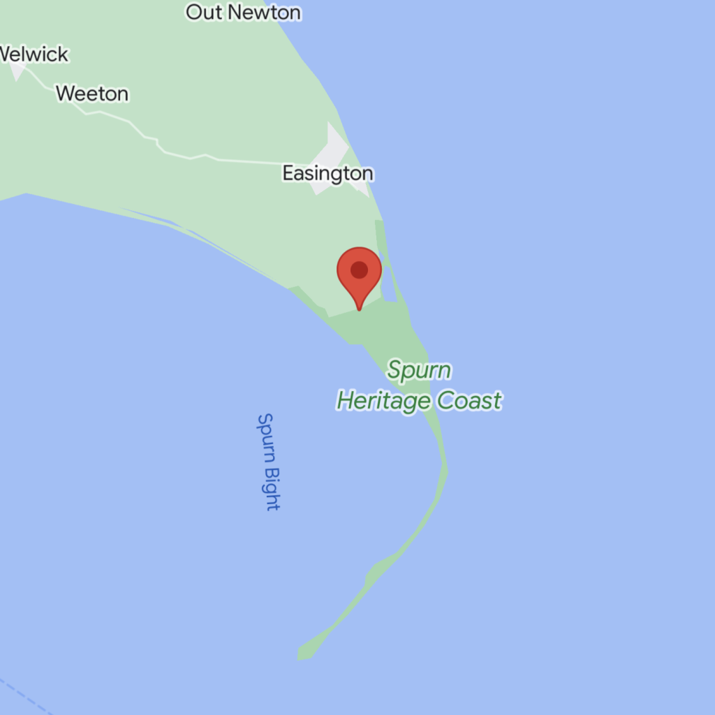 Google Maps view of Spurn Heritage Coast. A red pin shows that Kilnsea Wetlands is situated right above Spurn Point.